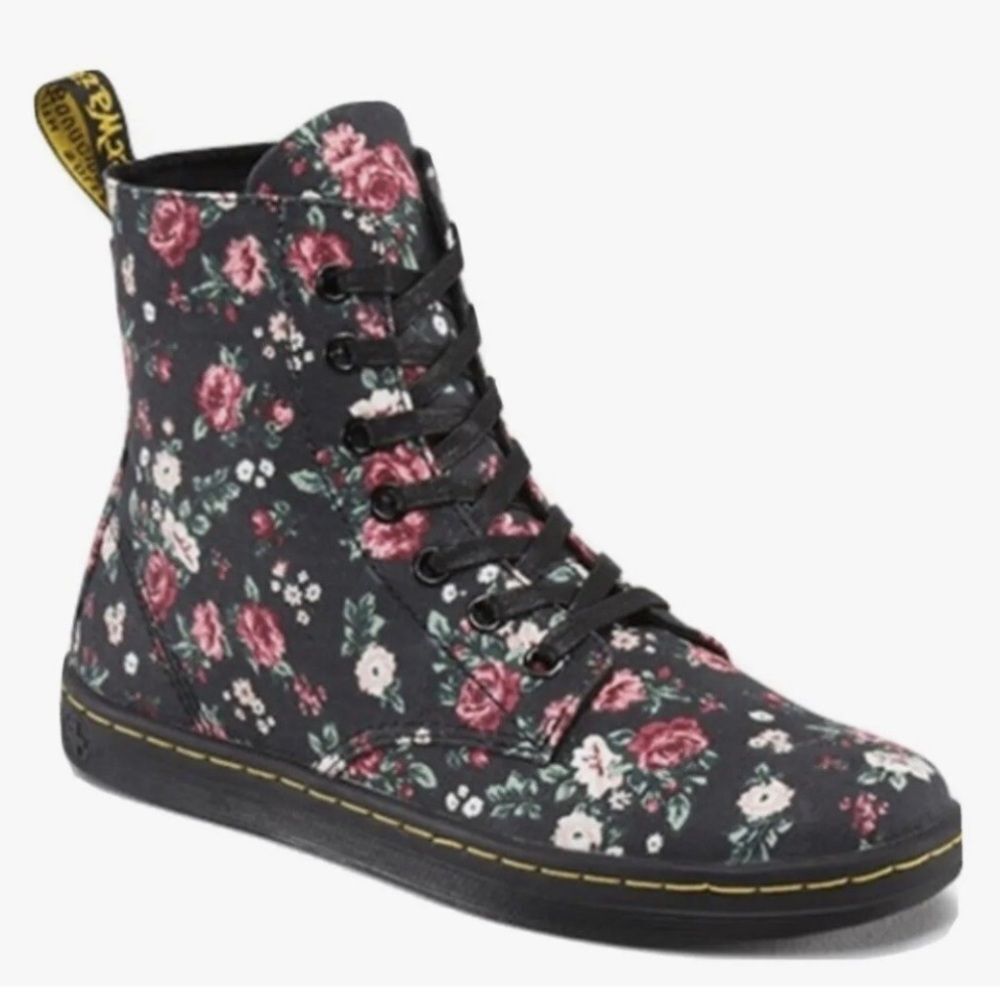 Dr. Martens Hackney Black Floral Print Fabric Ankle Boots  7